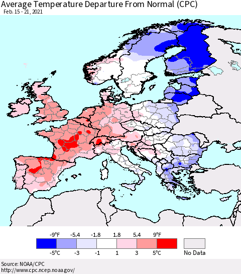 Europe Average Temperature Departure from Normal (CPC) Thematic Map For 2/15/2021 - 2/21/2021