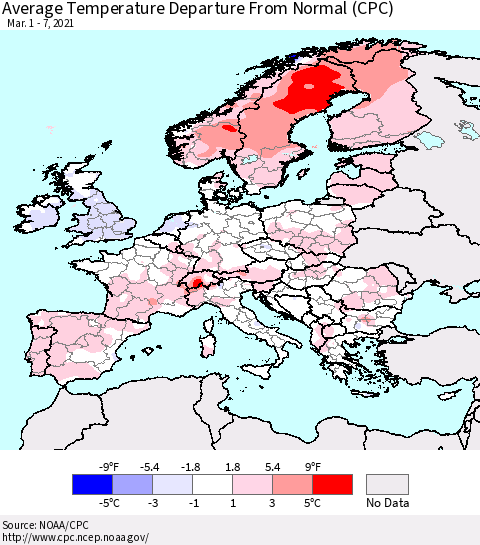 Europe Average Temperature Departure from Normal (CPC) Thematic Map For 3/1/2021 - 3/7/2021