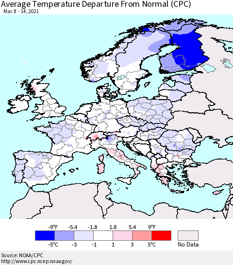 Europe Average Temperature Departure from Normal (CPC) Thematic Map For 3/8/2021 - 3/14/2021