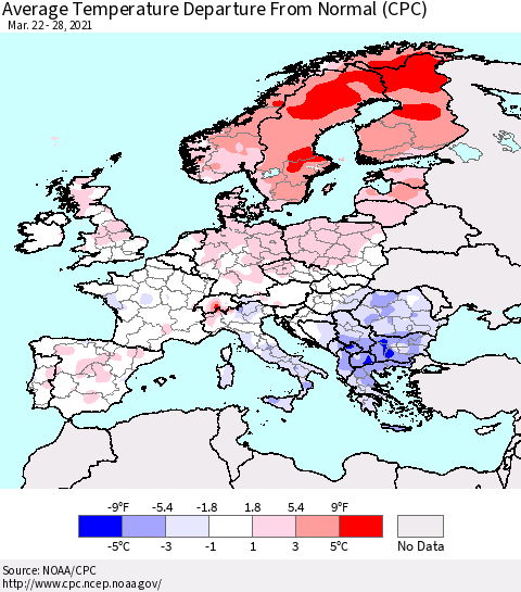 Europe Average Temperature Departure from Normal (CPC) Thematic Map For 3/22/2021 - 3/28/2021