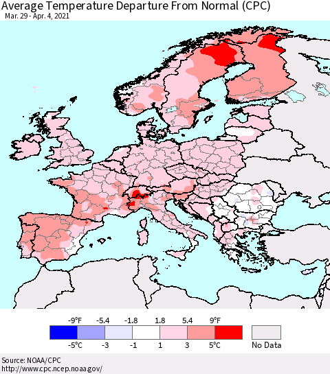 Europe Average Temperature Departure from Normal (CPC) Thematic Map For 3/29/2021 - 4/4/2021
