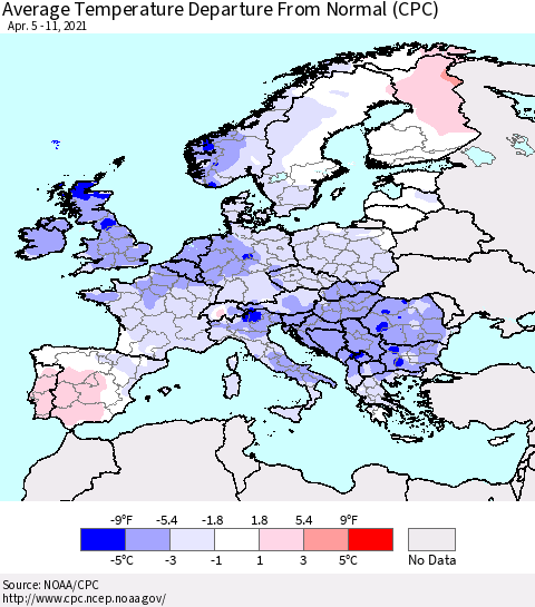 Europe Average Temperature Departure from Normal (CPC) Thematic Map For 4/5/2021 - 4/11/2021