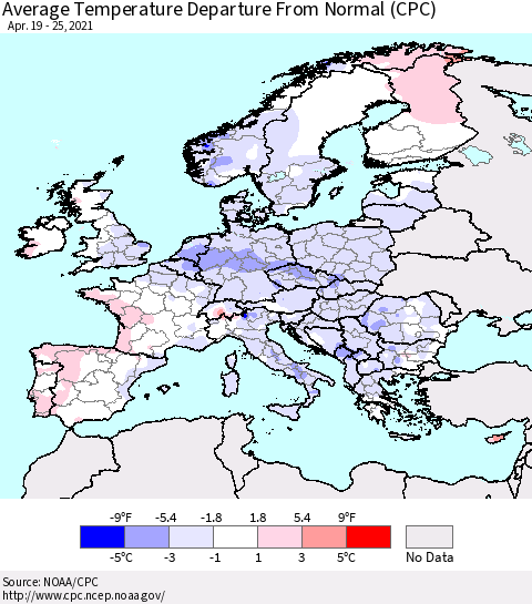 Europe Average Temperature Departure from Normal (CPC) Thematic Map For 4/19/2021 - 4/25/2021