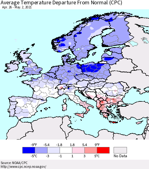 Europe Average Temperature Departure from Normal (CPC) Thematic Map For 4/26/2021 - 5/2/2021