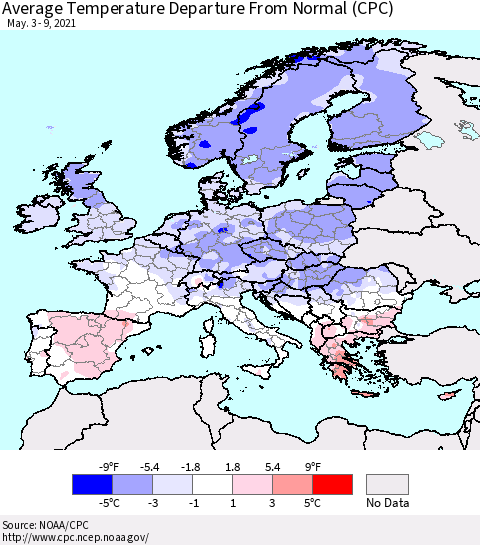 Europe Average Temperature Departure from Normal (CPC) Thematic Map For 5/3/2021 - 5/9/2021