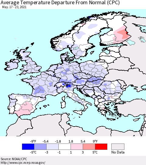 Europe Average Temperature Departure from Normal (CPC) Thematic Map For 5/17/2021 - 5/23/2021