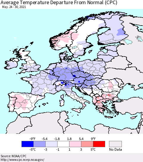 Europe Average Temperature Departure from Normal (CPC) Thematic Map For 5/24/2021 - 5/30/2021