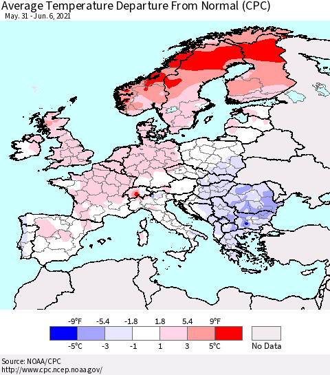 Europe Average Temperature Departure from Normal (CPC) Thematic Map For 5/31/2021 - 6/6/2021