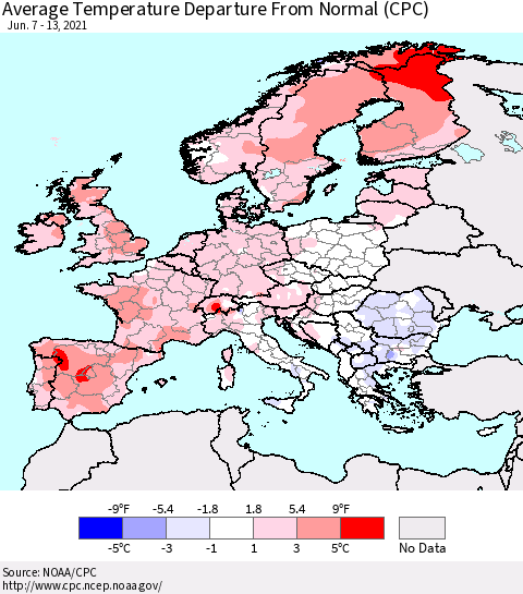 Europe Average Temperature Departure from Normal (CPC) Thematic Map For 6/7/2021 - 6/13/2021