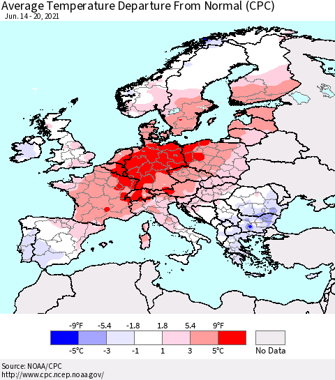 Europe Average Temperature Departure from Normal (CPC) Thematic Map For 6/14/2021 - 6/20/2021