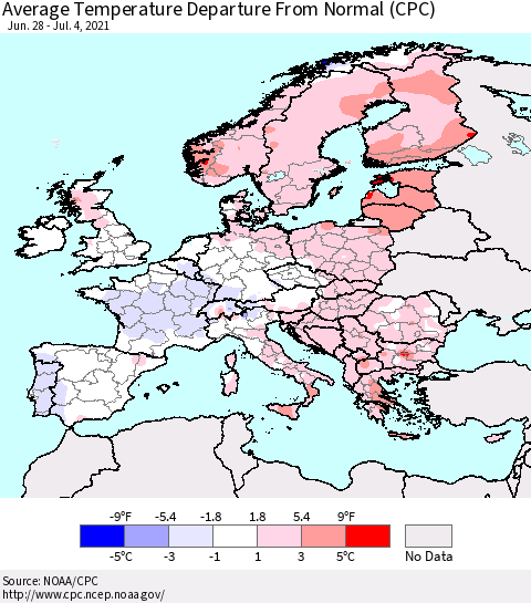 Europe Average Temperature Departure from Normal (CPC) Thematic Map For 6/28/2021 - 7/4/2021
