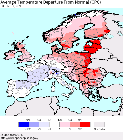 Europe Average Temperature Departure from Normal (CPC) Thematic Map For 7/12/2021 - 7/18/2021