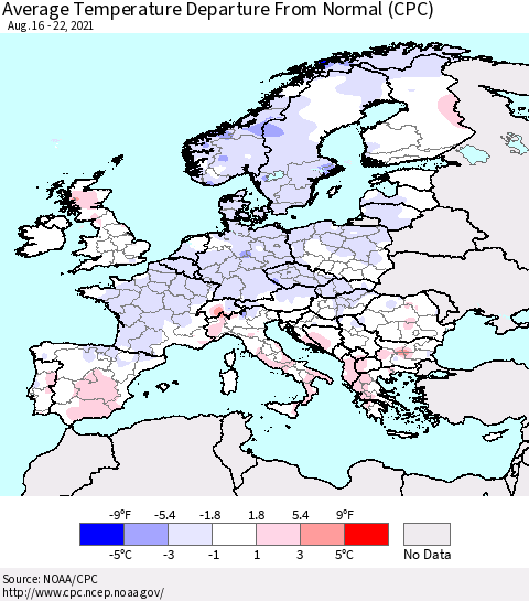 Europe Average Temperature Departure from Normal (CPC) Thematic Map For 8/16/2021 - 8/22/2021