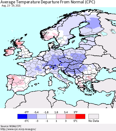 Europe Average Temperature Departure from Normal (CPC) Thematic Map For 8/23/2021 - 8/29/2021