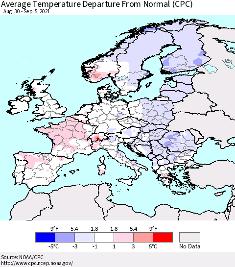 Europe Average Temperature Departure from Normal (CPC) Thematic Map For 8/30/2021 - 9/5/2021