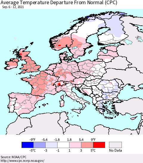 Europe Average Temperature Departure from Normal (CPC) Thematic Map For 9/6/2021 - 9/12/2021