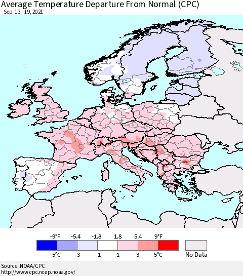 Europe Average Temperature Departure from Normal (CPC) Thematic Map For 9/13/2021 - 9/19/2021