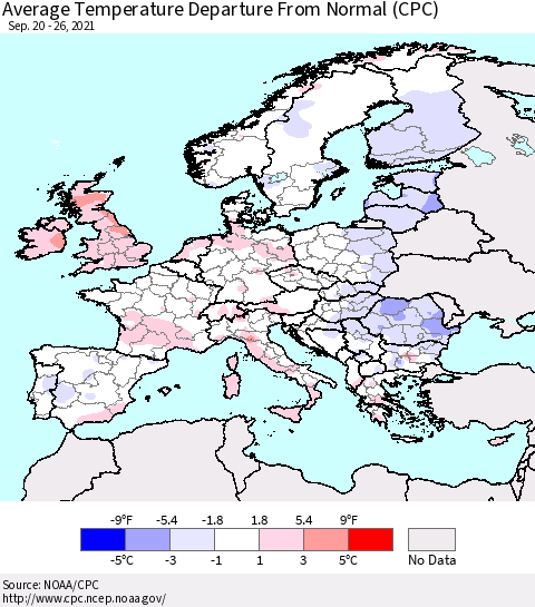 Europe Average Temperature Departure from Normal (CPC) Thematic Map For 9/20/2021 - 9/26/2021