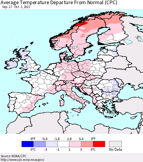 Europe Average Temperature Departure from Normal (CPC) Thematic Map For 9/27/2021 - 10/3/2021