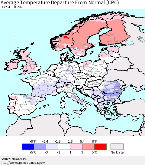Europe Average Temperature Departure from Normal (CPC) Thematic Map For 10/4/2021 - 10/10/2021