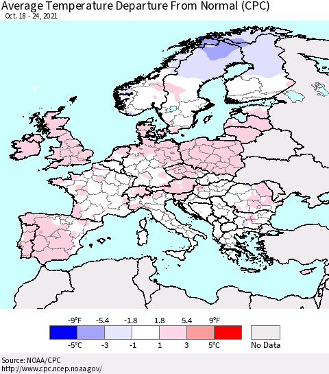 Europe Average Temperature Departure from Normal (CPC) Thematic Map For 10/18/2021 - 10/24/2021