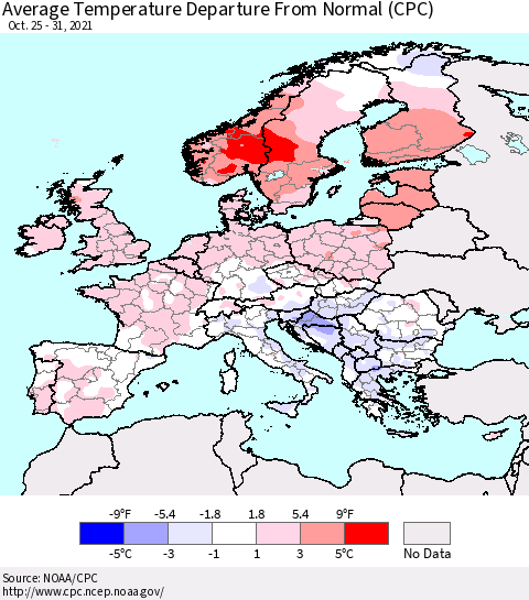 Europe Average Temperature Departure from Normal (CPC) Thematic Map For 10/25/2021 - 10/31/2021
