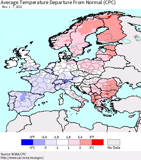 Europe Average Temperature Departure from Normal (CPC) Thematic Map For 11/1/2021 - 11/7/2021