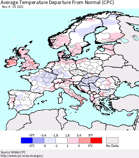 Europe Average Temperature Departure from Normal (CPC) Thematic Map For 11/8/2021 - 11/14/2021