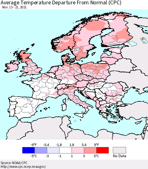 Europe Average Temperature Departure from Normal (CPC) Thematic Map For 11/15/2021 - 11/21/2021
