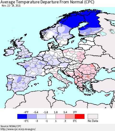 Europe Average Temperature Departure from Normal (CPC) Thematic Map For 11/22/2021 - 11/28/2021