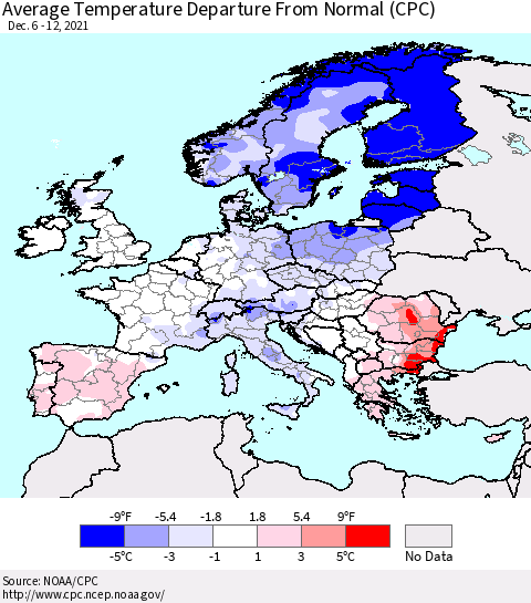 Europe Average Temperature Departure from Normal (CPC) Thematic Map For 12/6/2021 - 12/12/2021