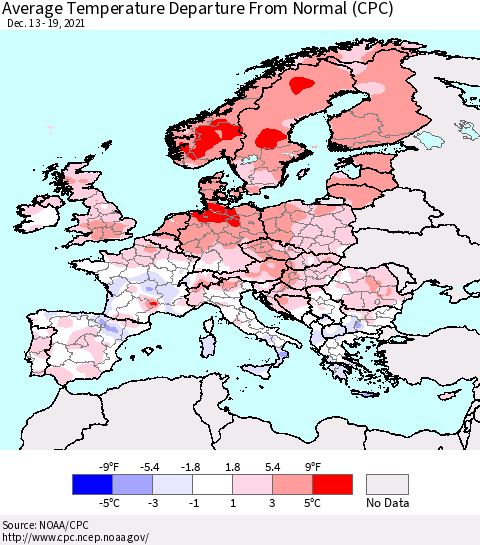 Europe Average Temperature Departure from Normal (CPC) Thematic Map For 12/13/2021 - 12/19/2021