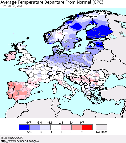 Europe Average Temperature Departure from Normal (CPC) Thematic Map For 12/20/2021 - 12/26/2021