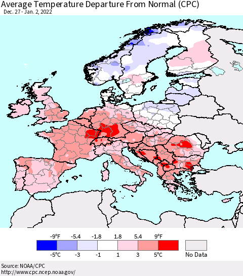 Europe Average Temperature Departure from Normal (CPC) Thematic Map For 12/27/2021 - 1/2/2022