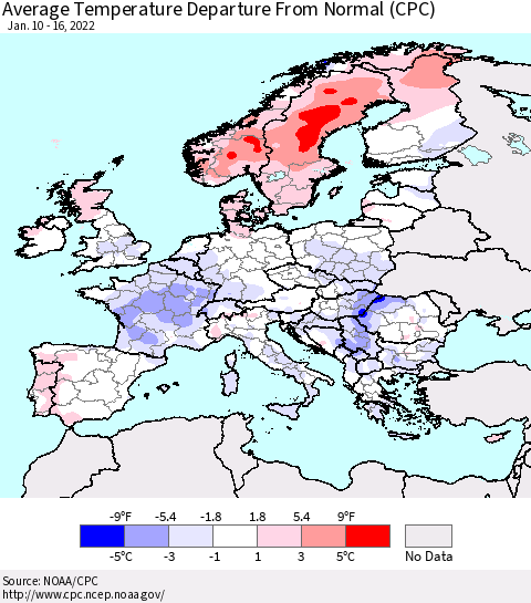Europe Average Temperature Departure from Normal (CPC) Thematic Map For 1/10/2022 - 1/16/2022