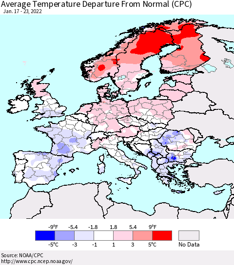 Europe Average Temperature Departure from Normal (CPC) Thematic Map For 1/17/2022 - 1/23/2022