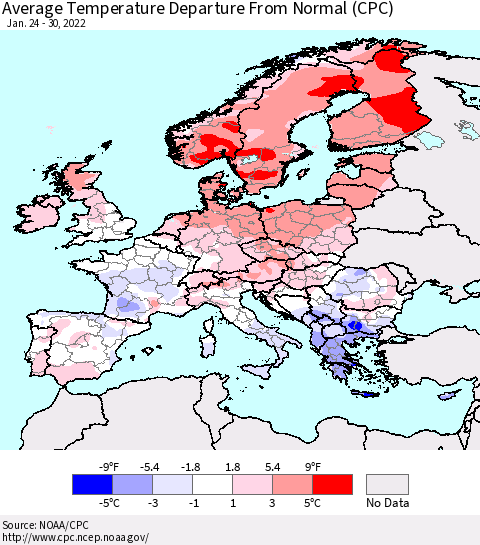 Europe Average Temperature Departure from Normal (CPC) Thematic Map For 1/24/2022 - 1/30/2022