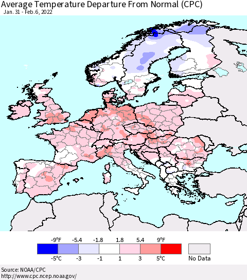Europe Average Temperature Departure from Normal (CPC) Thematic Map For 1/31/2022 - 2/6/2022