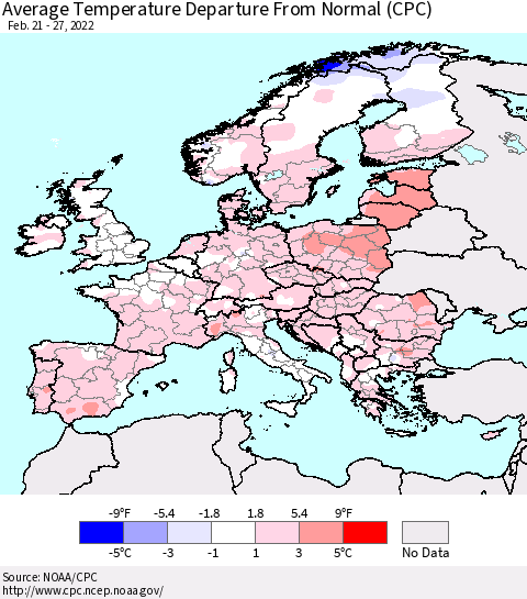 Europe Average Temperature Departure from Normal (CPC) Thematic Map For 2/21/2022 - 2/27/2022