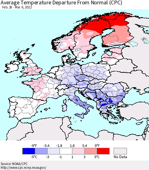 Europe Average Temperature Departure from Normal (CPC) Thematic Map For 2/28/2022 - 3/6/2022