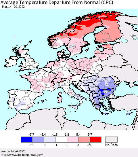 Europe Average Temperature Departure from Normal (CPC) Thematic Map For 3/14/2022 - 3/20/2022
