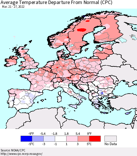 Europe Average Temperature Departure from Normal (CPC) Thematic Map For 3/21/2022 - 3/27/2022