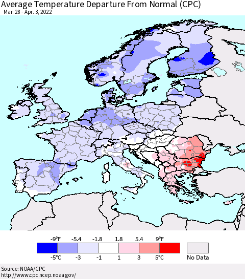 Europe Average Temperature Departure from Normal (CPC) Thematic Map For 3/28/2022 - 4/3/2022