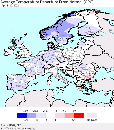 Europe Average Temperature Departure from Normal (CPC) Thematic Map For 4/4/2022 - 4/10/2022