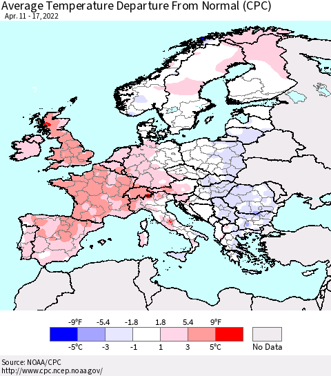 Europe Average Temperature Departure from Normal (CPC) Thematic Map For 4/11/2022 - 4/17/2022
