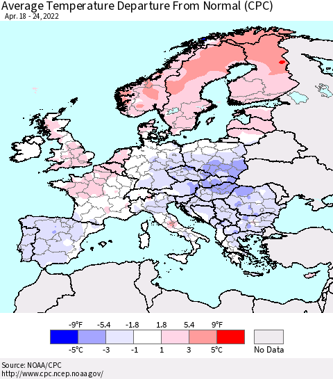 Europe Average Temperature Departure from Normal (CPC) Thematic Map For 4/18/2022 - 4/24/2022