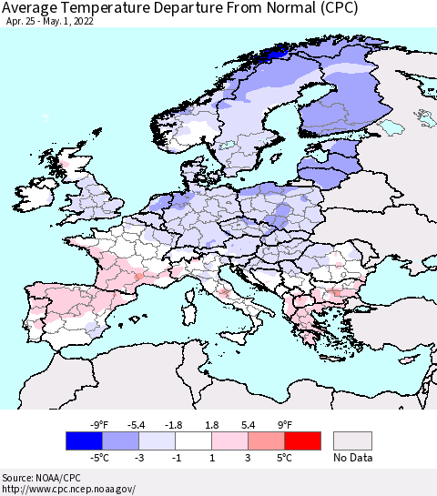 Europe Average Temperature Departure from Normal (CPC) Thematic Map For 4/25/2022 - 5/1/2022