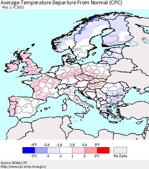 Europe Average Temperature Departure from Normal (CPC) Thematic Map For 5/2/2022 - 5/8/2022
