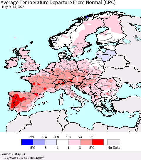 Europe Average Temperature Departure from Normal (CPC) Thematic Map For 5/9/2022 - 5/15/2022