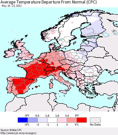 Europe Average Temperature Departure from Normal (CPC) Thematic Map For 5/16/2022 - 5/22/2022